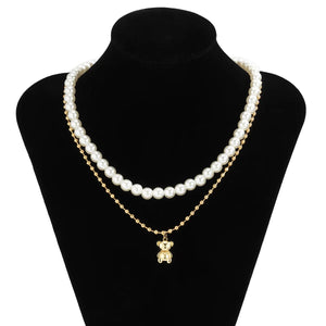 Men's Double-Layered Pearl Necklace with Rhinestone Pendant