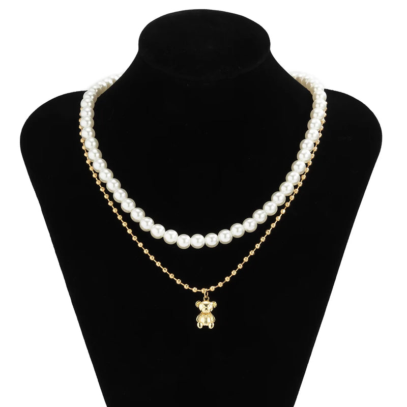 Men's Double-Layered Pearl Necklace with Rhinestone Pendant