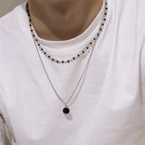 Men's Double-Layered Pearl Necklace with Rhinestone Pendant