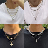 Men's Double-Layered Pearl Necklace with Rhinestone Pendant