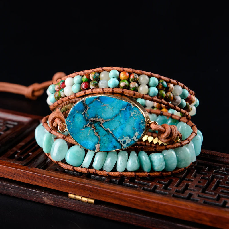 3X Leather Wrap Beaded Bracelet Regalite Bohemian Drop