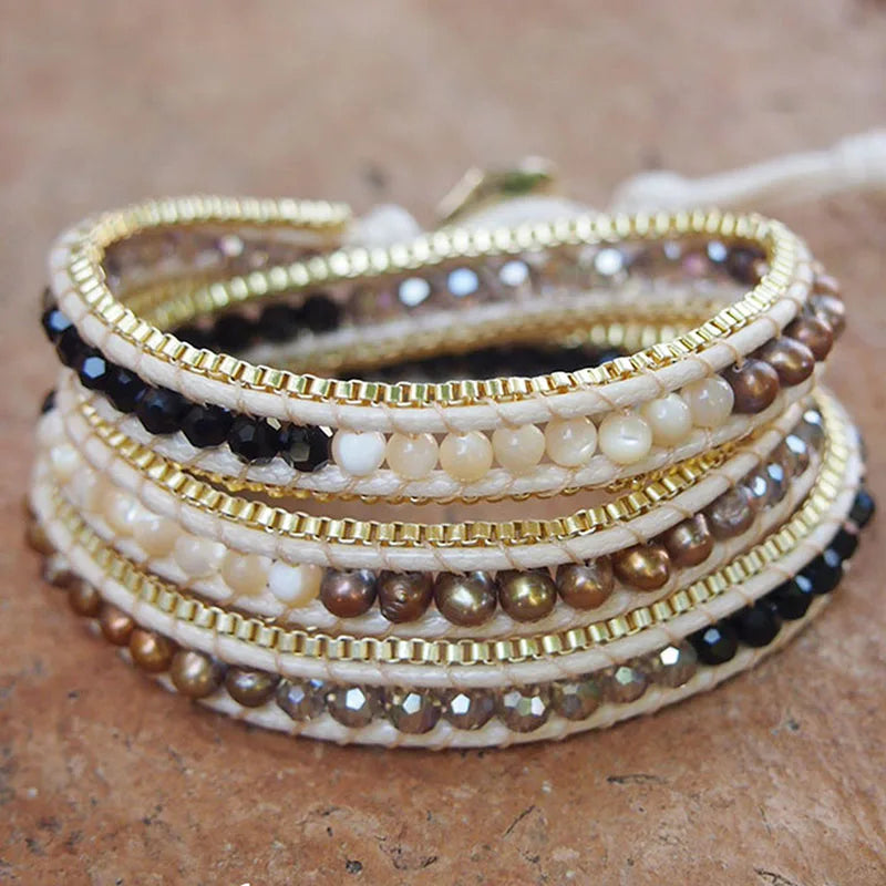 High End Pearl Crystal Beaded Wrap Bracelet for Women Gift Boho