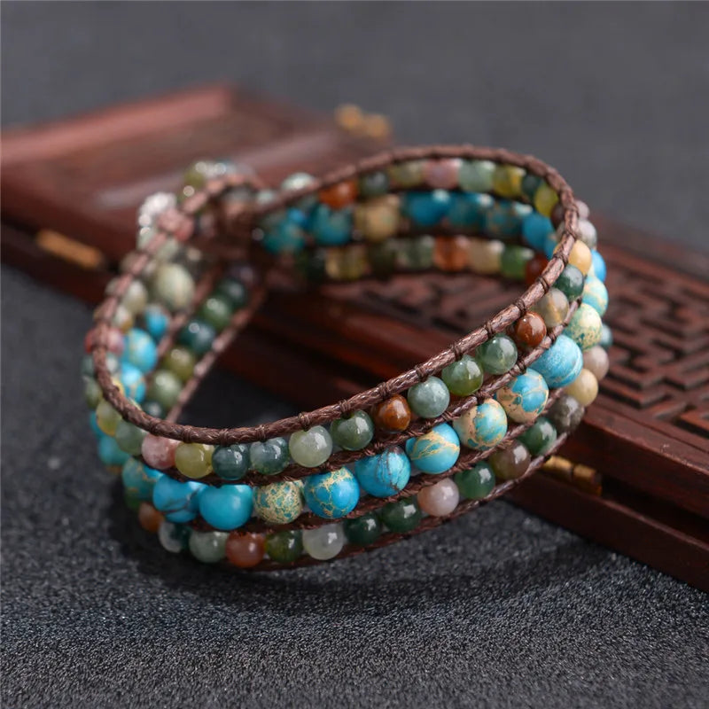 High End Three Layer Natural Stones Leather Wrap Bracelet