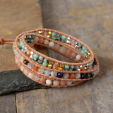 High End Women Bracelet Sunstone Leather Wrap Bohemian