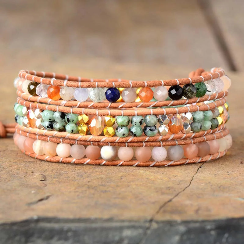 High End Women Bracelet Sunstone Leather Wrap Bohemian
