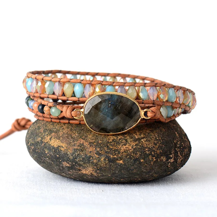 High End Women Bracelets Gilded Labradorite Vintage Leather Wrap Bracelet