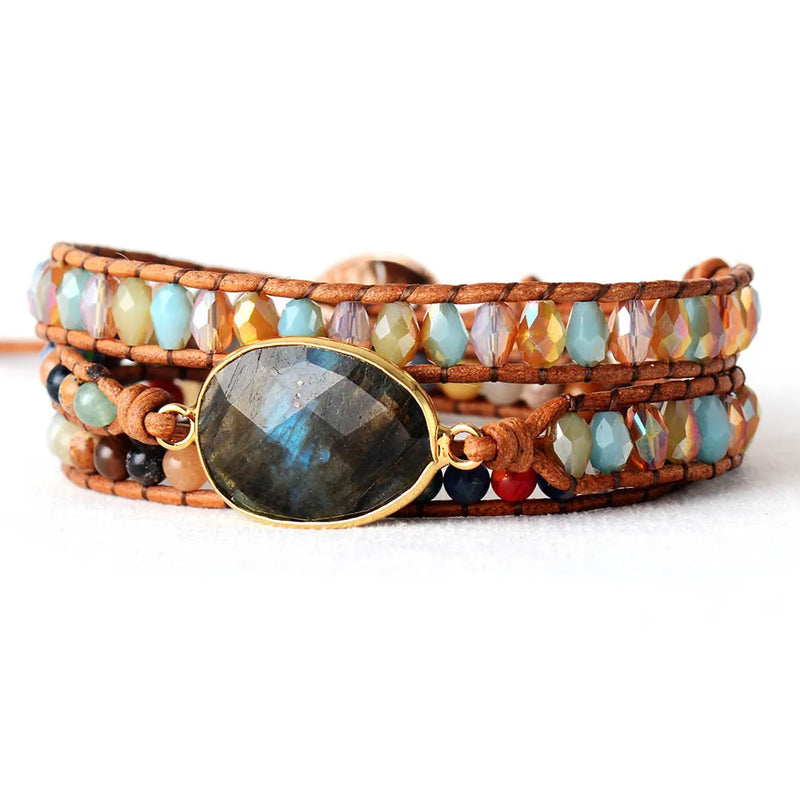 High End Women Bracelets Gilded Labradorite Vintage Leather Wrap Bracelet