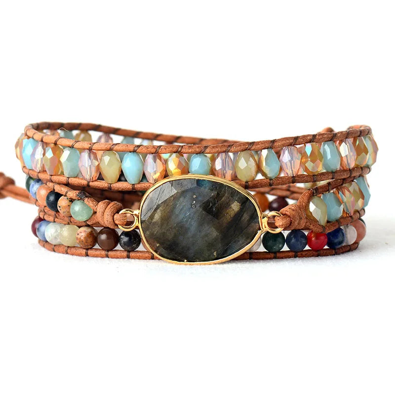 High End Women Bracelets Gilded Labradorite Vintage Leather Wrap Bracelet