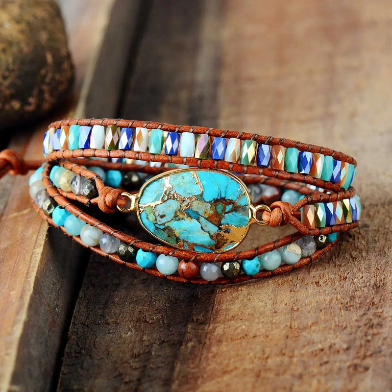 Vintage Leather Wrap Bracelet with Gilded Natural Stones