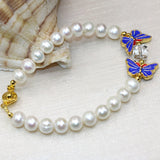 Natural Pearl Butterfly Cloisonne Beads Strand Bracelet for Women