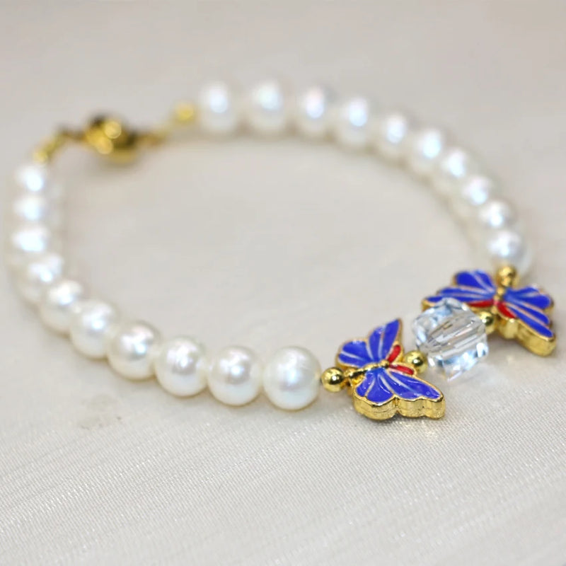 Natural Pearl Butterfly Cloisonne Beads Strand Bracelet for Women