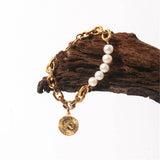 Vintage Portrait Disc Pendant Bracelet Natural Freshwater Pearl Chain