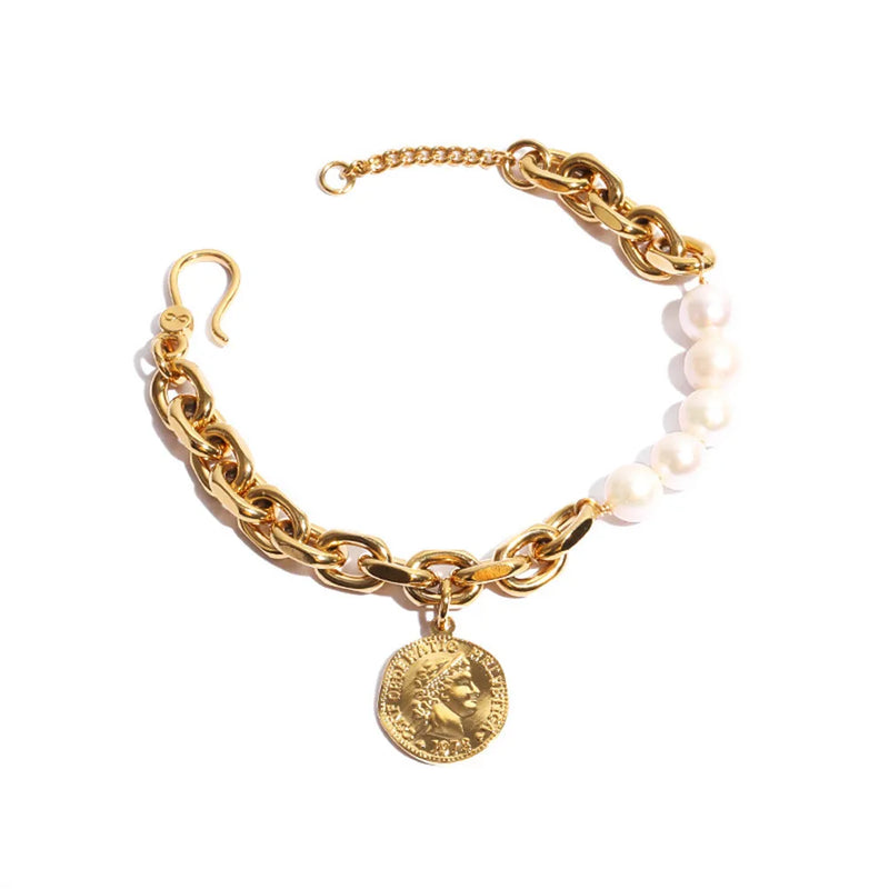 Vintage Portrait Disc Pendant Bracelet Natural Freshwater Pearl Chain