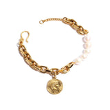 Vintage Portrait Disc Pendant Bracelet Natural Freshwater Pearl Chain