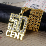 Hip Hop 50 Cent Pendant Necklace Full Rhinestone Cuban Link Chain Unisex Jewelry