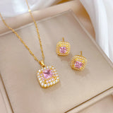Geometric Zircon Jewelry Set Stainless Steel Round Pendant Necklace Earring