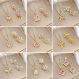 Geometric Zircon Jewelry Set Stainless Steel Round Pendant Necklace Earring