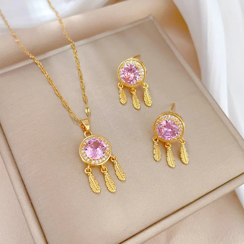 Geometric Zircon Jewelry Set Stainless Steel Round Pendant Necklace Earring