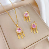 Geometric Zircon Jewelry Set Stainless Steel Round Pendant Necklace Earring