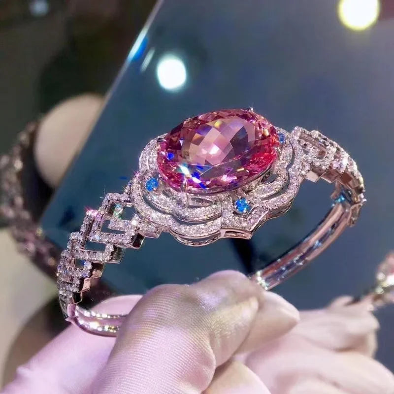 Geometric Hollow Charm Bracelet Oval Pink Zircon Wedding Bangle