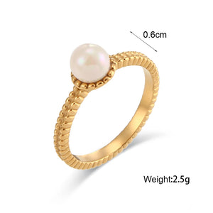 Luxury Stainless Steel 18K Braid Texture Round Pearl Ring For Women