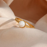 Luxury Stainless Steel 18K Braid Texture Round Pearl Ring For Women