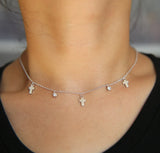 Polish Pave CZ Cross Drop Charm 925 Silver Choker Necklace