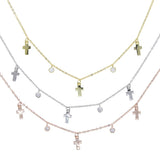 Polish Pave CZ Cross Drop Charm 925 Silver Choker Necklace
