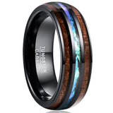 8mm Tungsten Carbide Hawaiian Koa Wood Ring with Opal Inlay Abalone Shell Band