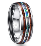 8mm Tungsten Carbide Hawaiian Koa Wood Ring with Opal Inlay Abalone Shell Band