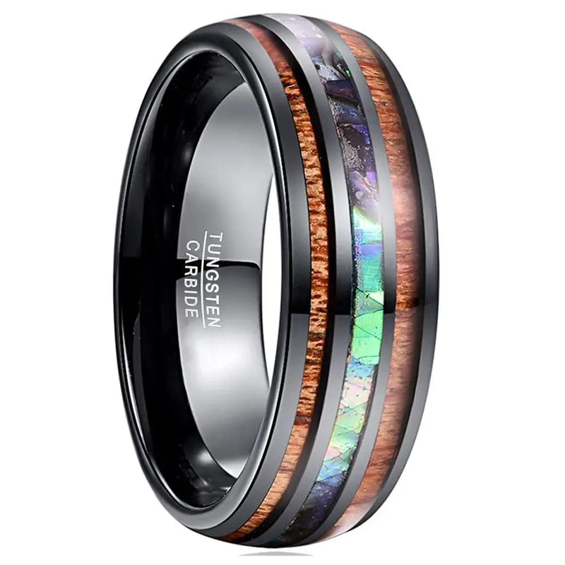 8mm Tungsten Carbide Hawaiian Koa Wood Ring with Opal Inlay Abalone Shell Band