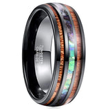 8mm Tungsten Carbide Hawaiian Koa Wood Ring with Opal Inlay Abalone Shell Band