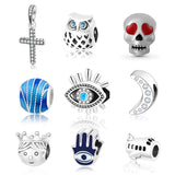 925 Sterling Silver Charm Beads for pan Charm Bracelet Skull Cross Ring Owl