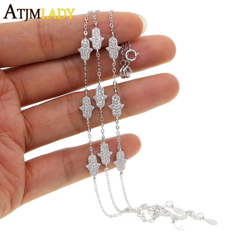 925 Silver Fatima Hand Hamsa Charm Link Chain Bracelet Women Wedding Jewelry