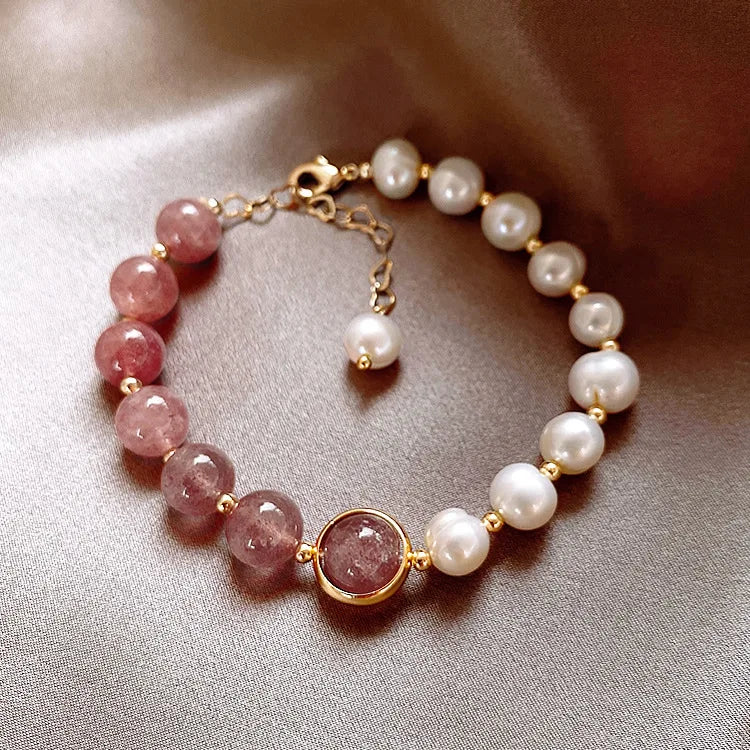 Baroque Freshwater Pearl & Strawberry Quartz Bracelet for Women