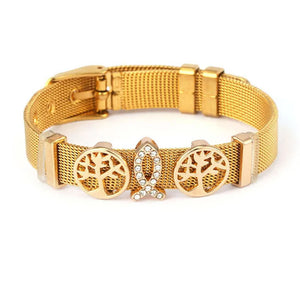Stainless Steel Mesh Bracelet With Life Tree Charm Beads
