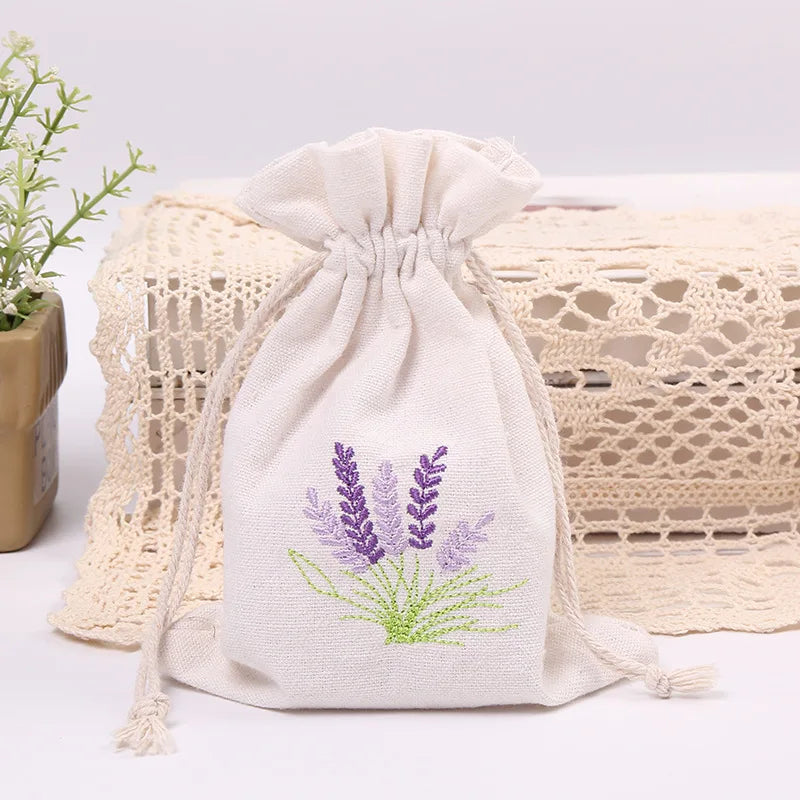 2Pcs Jute Bags Embroidered Flowers Drawstring Pouch Burlap Christmas Bracelet