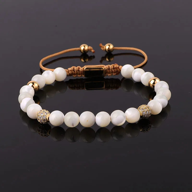 6mm Natural Stone Macrame Bracelet with CZ Pave Ball