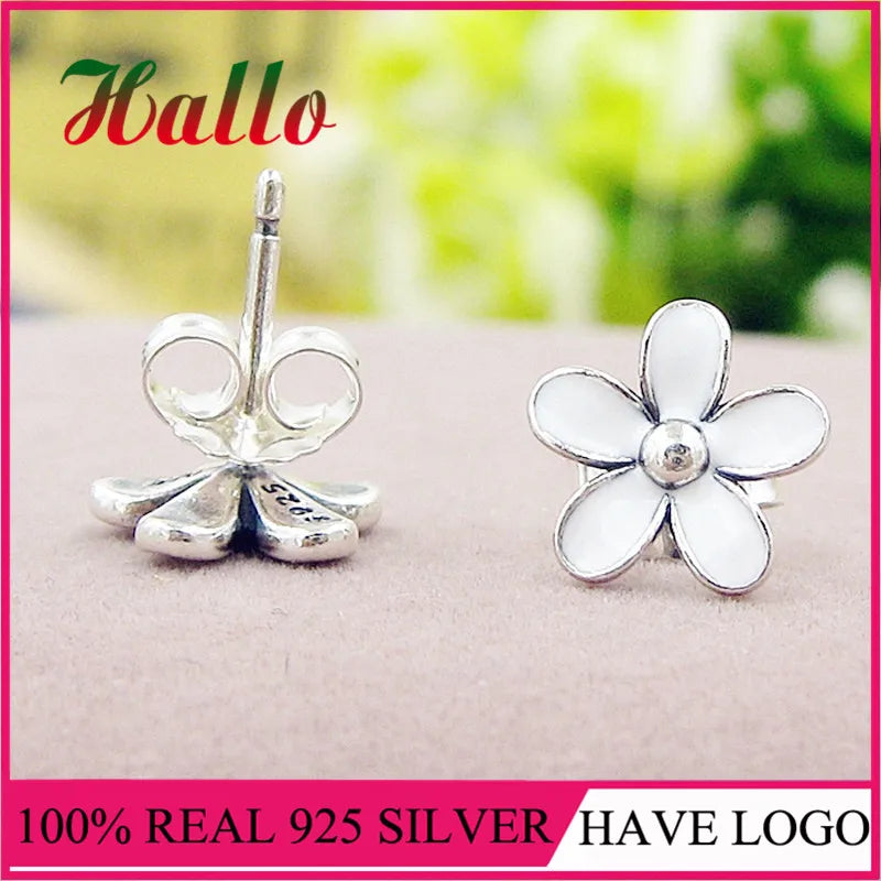 925 Silver Darling Daisies Stud Earrings,White Enamel Earrings