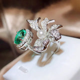 925 Silver Plated Bow Pearl Ring with Green Zircon Engagement Adjustable Ring