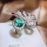 925 Silver Plated Bow Pearl Ring with Green Zircon Engagement Adjustable Ring