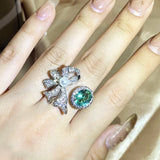 925 Silver Plated Bow Pearl Ring with Green Zircon Engagement Adjustable Ring