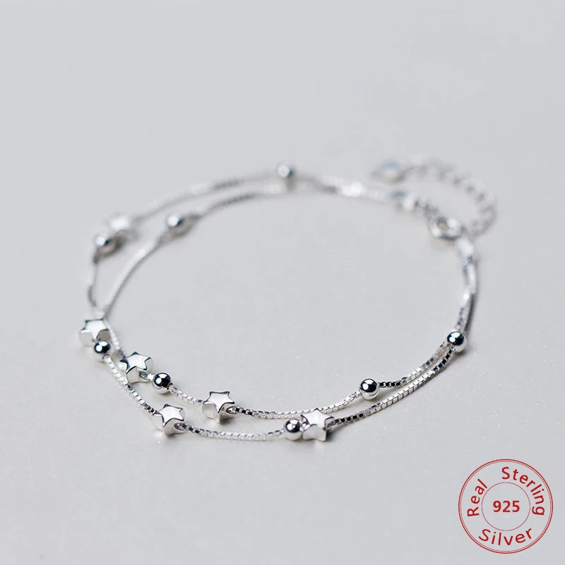 925 Sterling Silver Double Layer Star Beads Bracelet Women Gift