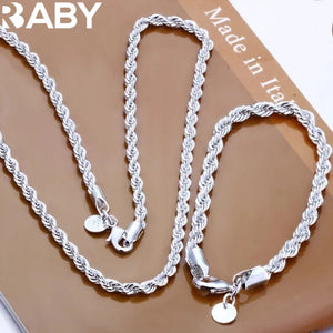 925 Silver 4mm Rope Necklace Bracelet Set