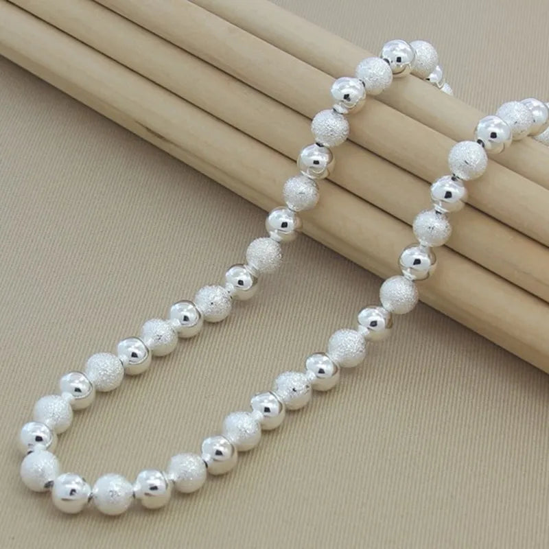 925 Silver 8mm Frosted Beads Necklace Glossy Finish Charm Jewelry