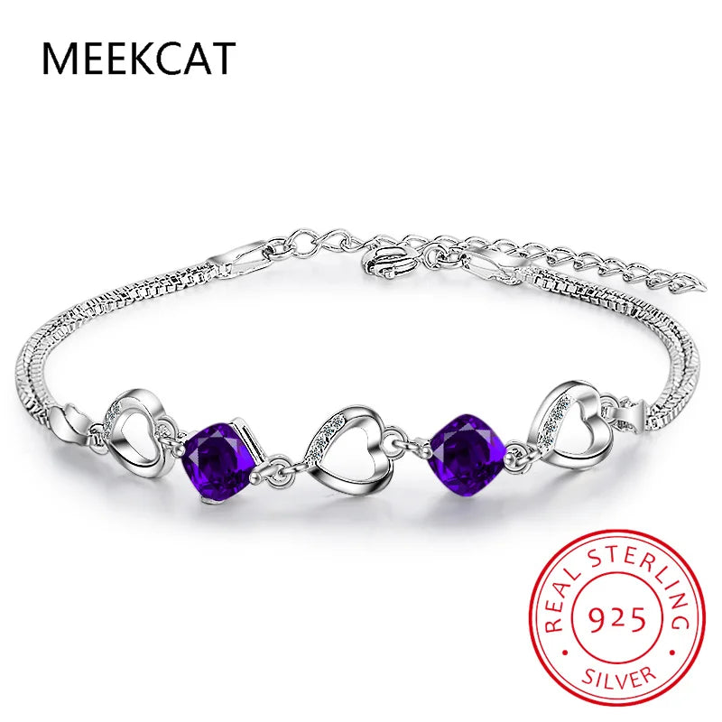 925 Sterling Silver Amethyst Bracelet Heart Purple Crystal Zircon Bracelet