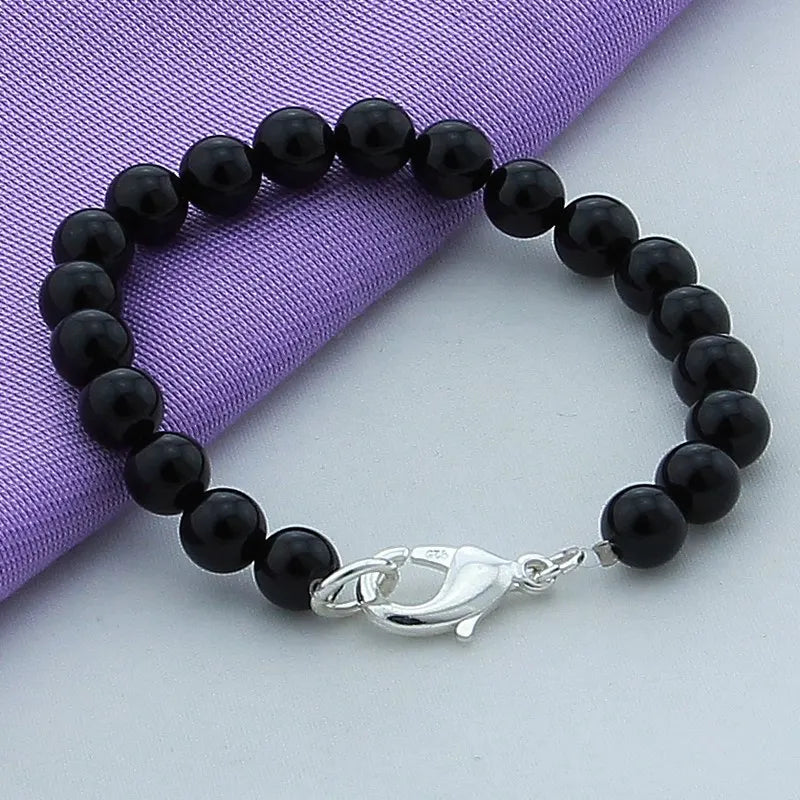 925 Silver Pearl Round Bead Charm Bracelet for Women Men
