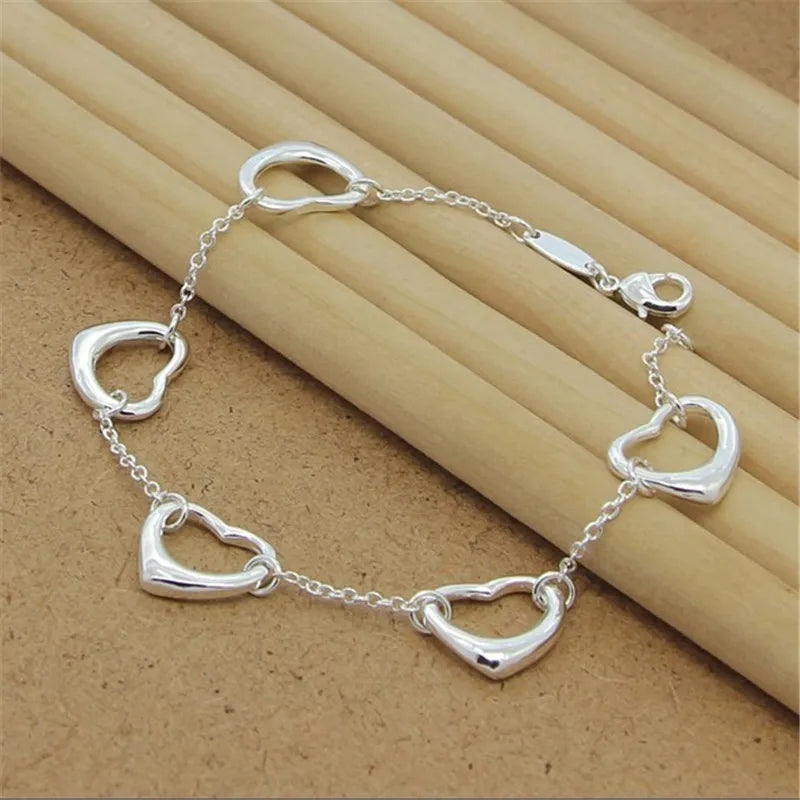 925 Sterling Silver Heart-Shaped Chain Bracelet for Women