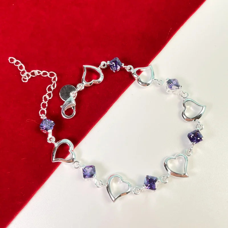 925 Silver Heart Purple Crystal Zircon Bracelet Women's Party Jewelry