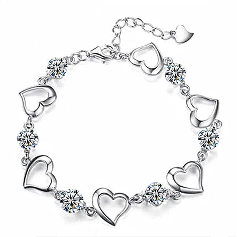 925 Silver Bracelet Heart Purple Crystal Zircon Woman Party Jewelry